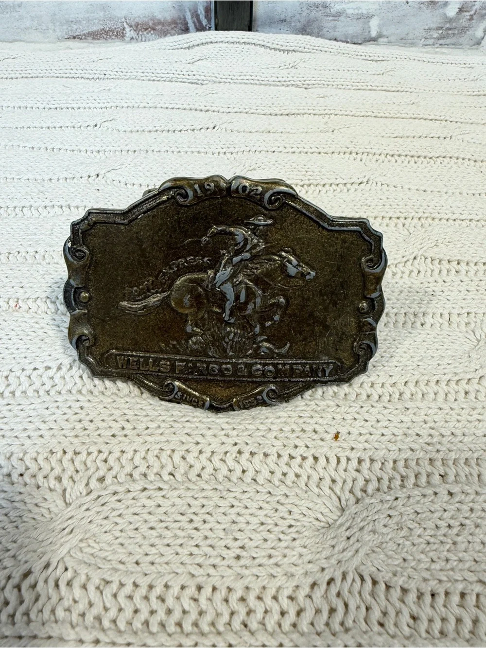 Wells Fargo Horse & Rider Decorative Belt Buckle - Antique Brass Finish